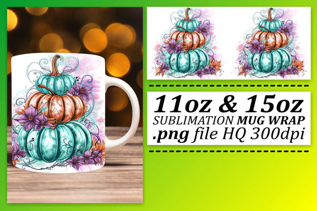 Watercolor Pumpkin Mug Wrap Design 11oz/15oz Sublimation afrosvg 