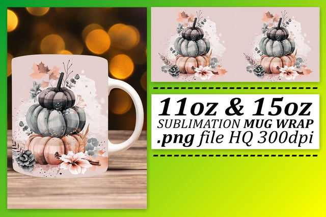 Watercolor Pumpkin Mug Wrap Design 11oz/15oz Sublimation afrosvg 