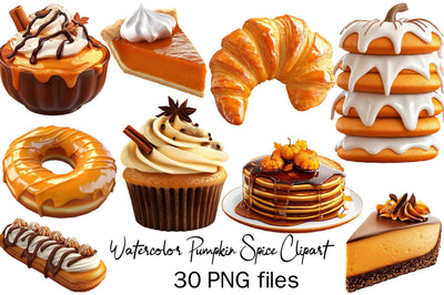 Watercolor Pumpkin Spice Clipart Bundle, Fall Dessert PNG Collection, Autumn Bakery Treats, Pumpkin Pie Cupcake Donut Cheesecake Graphics Sublimation SVGArt 