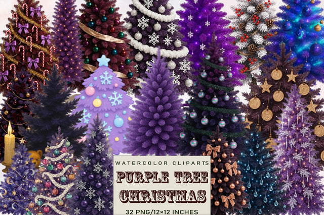 Watercolor Purple Christmas Tree Clipart Bundle. Sublimation SVGArt 