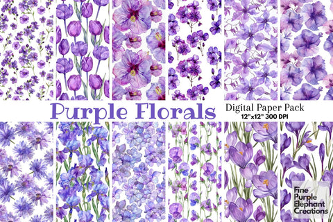 Watercolor Purple Flower Digital Paper | Elegant Royal Digital Pattern Fine Purple Elephant Creations 
