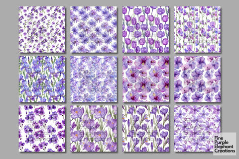 Watercolor Purple Flower Digital Paper | Elegant Royal Digital Pattern Fine Purple Elephant Creations 
