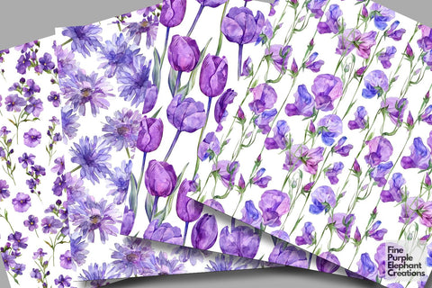 Watercolor Purple Flower Digital Paper | Elegant Royal Digital Pattern Fine Purple Elephant Creations 