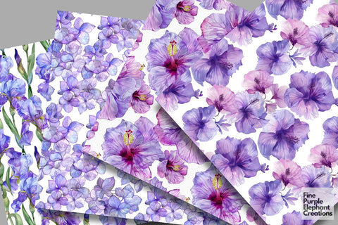 Watercolor Purple Flower Digital Paper | Elegant Royal Digital Pattern Fine Purple Elephant Creations 