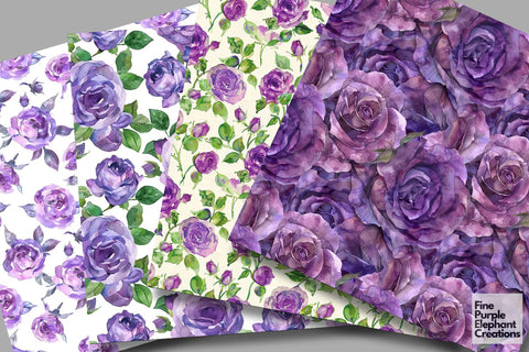 Watercolor Purple Rose Flower Digital Paper | Elegant Royal Digital Pattern Fine Purple Elephant Creations 