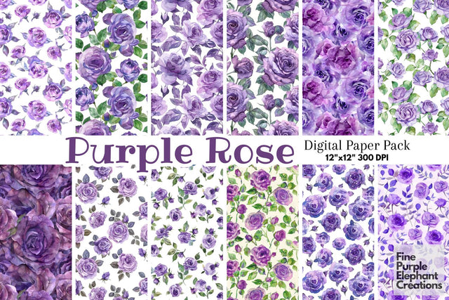Watercolor Purple Rose Flower Digital Paper | Elegant Royal Digital Pattern Fine Purple Elephant Creations 