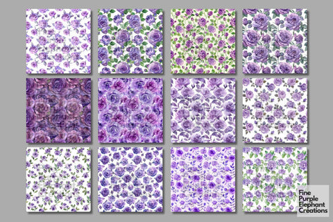 Watercolor Purple Rose Flower Digital Paper | Elegant Royal Digital Pattern Fine Purple Elephant Creations 