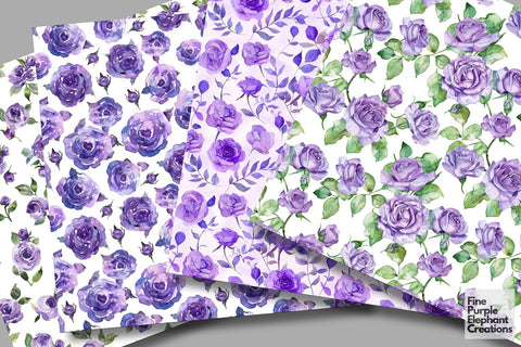Watercolor Purple Rose Flower Digital Paper | Elegant Royal Digital Pattern Fine Purple Elephant Creations 