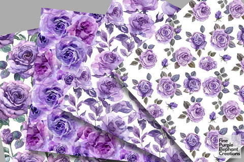 Watercolor Purple Rose Flower Digital Paper | Elegant Royal Digital Pattern Fine Purple Elephant Creations 