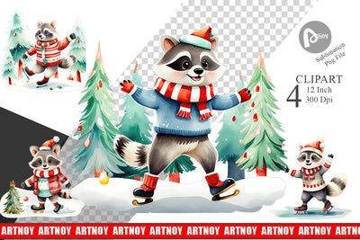 Watercolor Raccoon Ice Skating Clipart Sublimation artnoy 