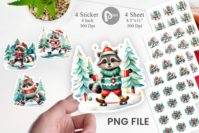 Watercolor Raccoon Ice Skating Sticker Sublimation artnoy 