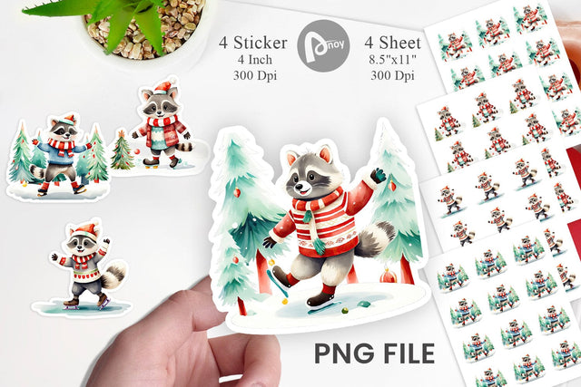 Watercolor Raccoon Ice Skating Sticker Sublimation artnoy 
