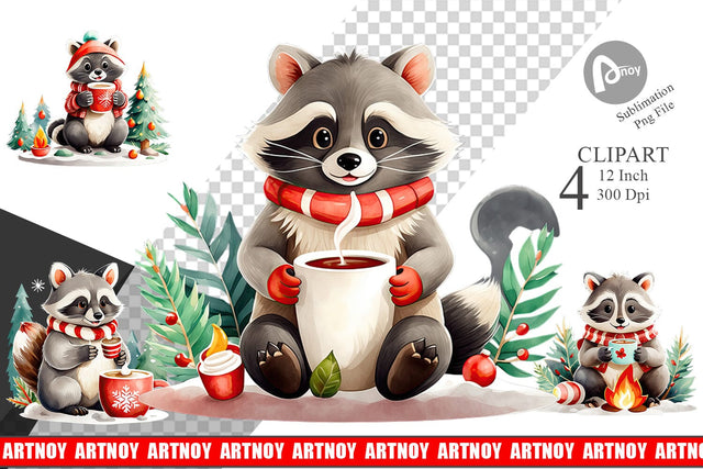 Watercolor Raccoon with Christmas Hot Cocoa Clipart Sublimation artnoy 