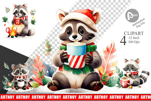 Watercolor Raccoon with Christmas Hot Cocoa Clipart Sublimation artnoy 