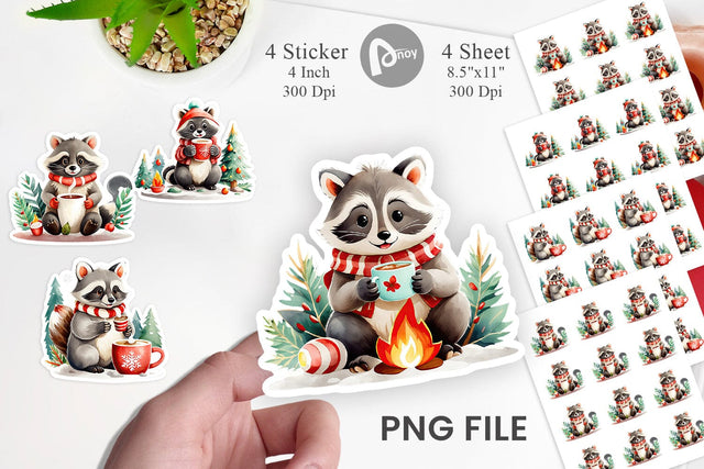 Watercolor Raccoon with Christmas Hot Cocoa Sticker Sublimation artnoy 