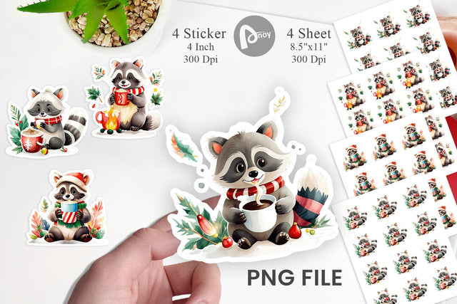 Watercolor Raccoon with Christmas Hot Cocoa Sticker Sublimation artnoy 