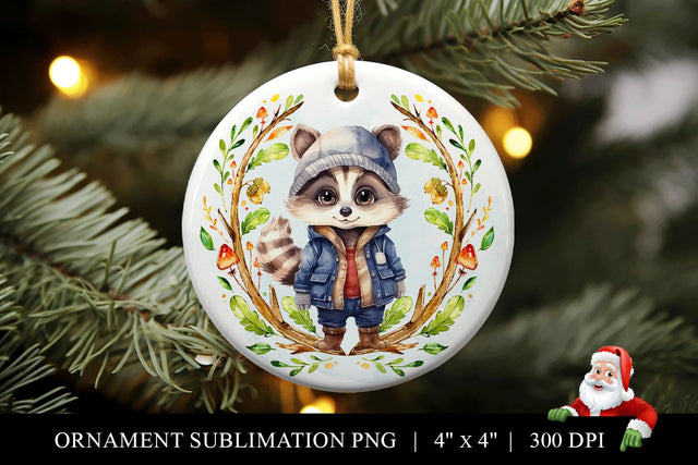 Watercolor Racoon Round Christmas Ornament Sublimation PNG Sublimation BijouBay 