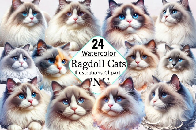 Watercolor Ragdoll Cats Clipart Bundle Sublimation SVGArt 