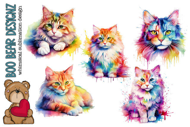 Watercolor Rainbow Cat clipart Sublimation Boo Bear Designz 