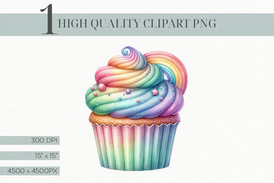 Watercolor Rainbow Cupcake Clipart Illustration PNG Sublimation BijouBay 