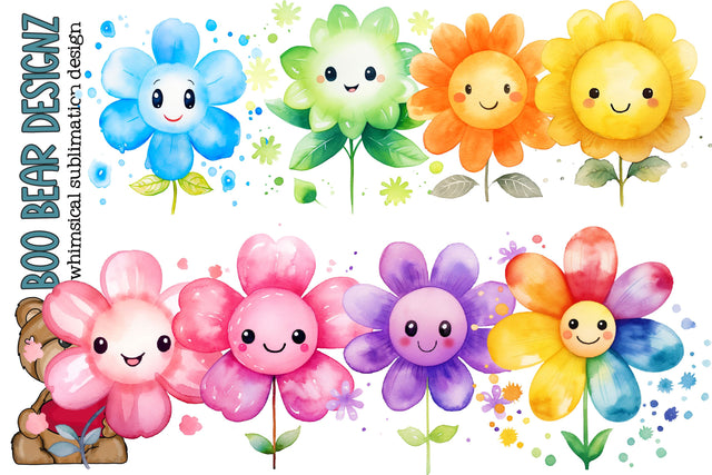 Watercolor Rainbow Kawaii Flower Clipart Sublimation Boo Bear Designz 