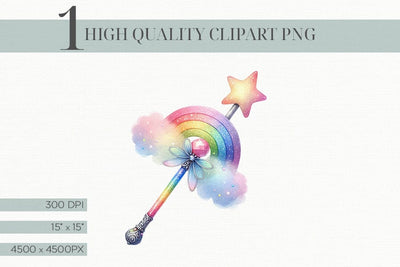 Watercolor Rainbow Magic Wand Clipart Illustration PNG Sublimation BijouBay 