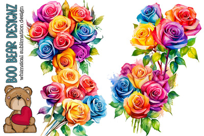 Watercolor Rainbow Rose Bouquet Clipart Sublimation Boo Bear Designz 
