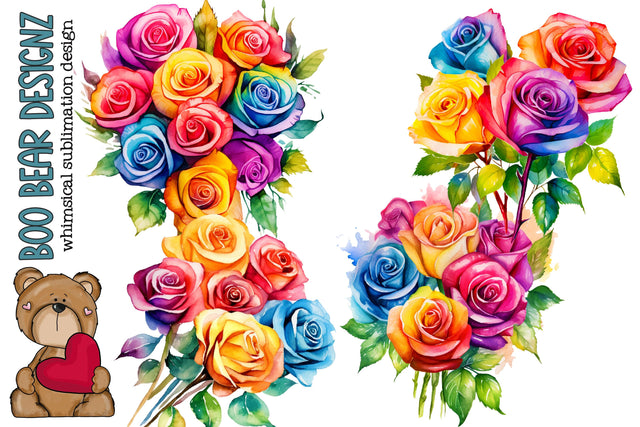 Watercolor Rainbow Rose Bouquet Clipart Sublimation Boo Bear Designz 