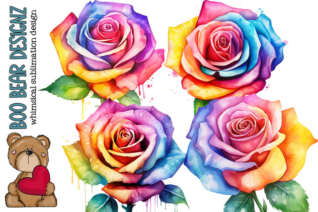 Watercolor Rainbow Rose Clipart Sublimation Boo Bear Designz 