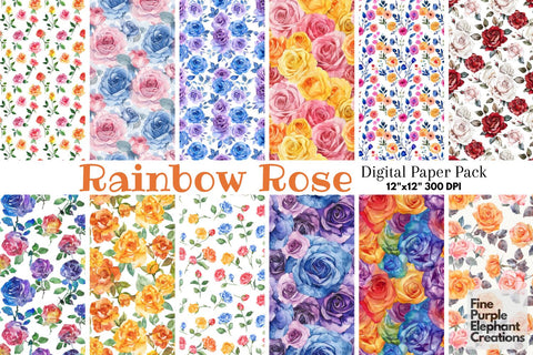 Watercolor Rainbow Rose Flower Colorful Pride Digital Pattern Fine Purple Elephant Creations 