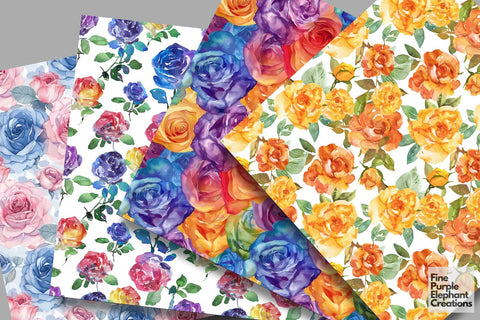 Watercolor Rainbow Rose Flower Colorful Pride Digital Pattern Fine Purple Elephant Creations 