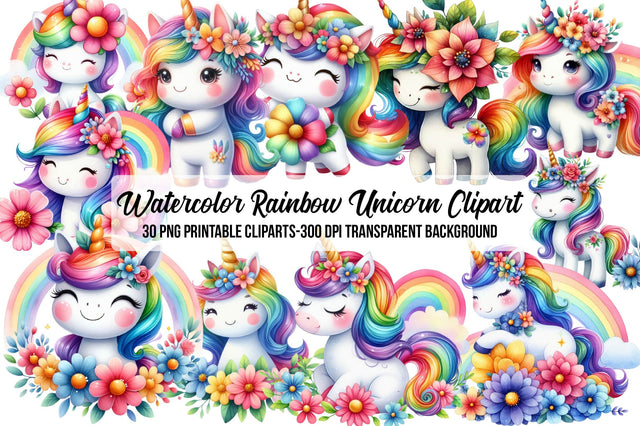 Watercolor Rainbow Unicorn Clipart Sublimation Rupkotha 