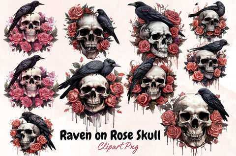 Watercolor Raven on Rose Skull Sublimation Clipart Bundle Sublimation Designangry 