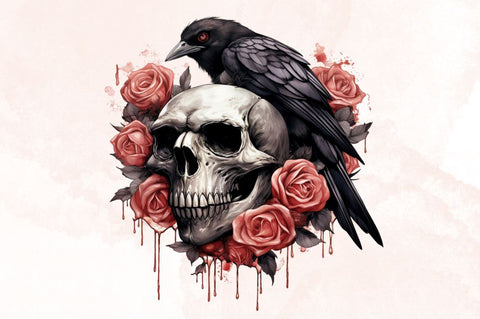Watercolor Raven on Rose Skull Sublimation Clipart Bundle Sublimation Designangry 