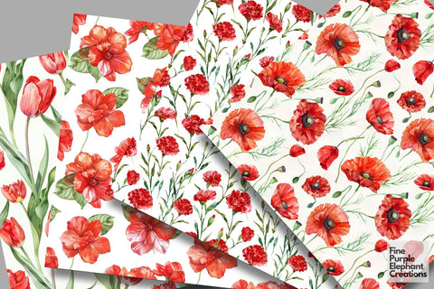 Watercolor Red Flowers Digital Paper | Elegant Romantic Valentine Digital Pattern Fine Purple Elephant Creations 