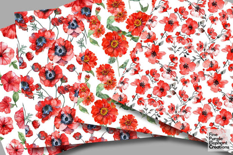 Watercolor Red Flowers Digital Paper | Elegant Romantic Valentine Digital Pattern Fine Purple Elephant Creations 