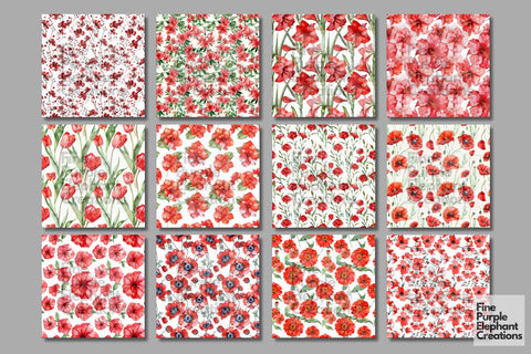 Watercolor Red Flowers Digital Paper | Elegant Romantic Valentine Digital Pattern Fine Purple Elephant Creations 