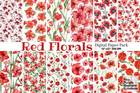Watercolor Red Flowers Digital Paper | Elegant Romantic Valentine Digital Pattern Fine Purple Elephant Creations 