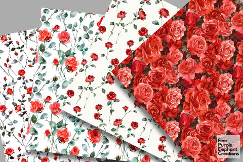 Watercolor Red Rose Flower Digital Paper | Deep Elegant Romantic Valentine Digital Pattern Fine Purple Elephant Creations 