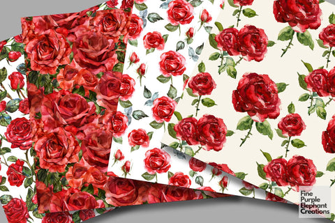 Watercolor Red Rose Flower Digital Paper | Deep Elegant Romantic Valentine Digital Pattern Fine Purple Elephant Creations 
