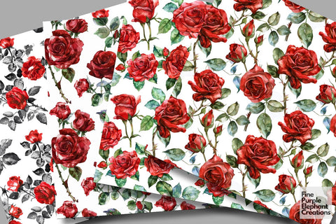 Watercolor Red Rose Flower Digital Paper | Deep Elegant Romantic Valentine Digital Pattern Fine Purple Elephant Creations 