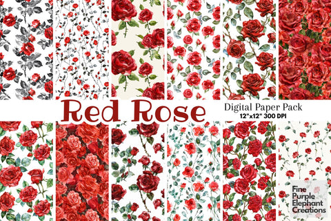 Watercolor Red Rose Flower Digital Paper | Deep Elegant Romantic Valentine Digital Pattern Fine Purple Elephant Creations 