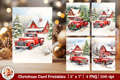 Watercolor Red Truck, Country Christmas Card Sublimation KsenyaArt 