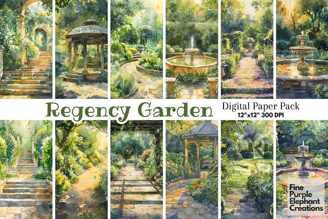 Watercolor Regency Lush Green Garden Digital Paper - Floral Victorian Digital Pattern Fine Purple Elephant Creations 