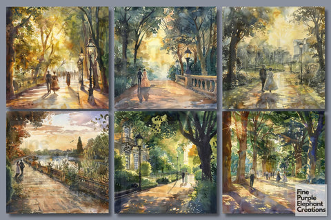 Watercolor Regency Park Promenade Digital Paper - Victorian English Digital Pattern Fine Purple Elephant Creations 