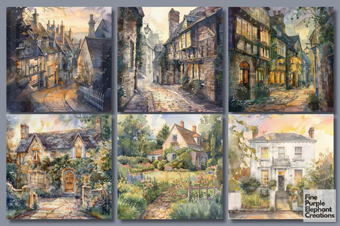 Watercolor Regency Town Digital Paper - Victorian Home Garden Digital Pattern Fine Purple Elephant Creations 