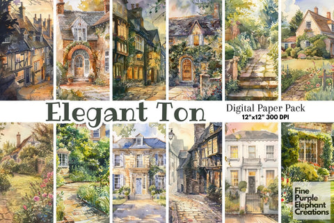 Watercolor Regency Town Digital Paper - Victorian Home Garden Digital Pattern Fine Purple Elephant Creations 