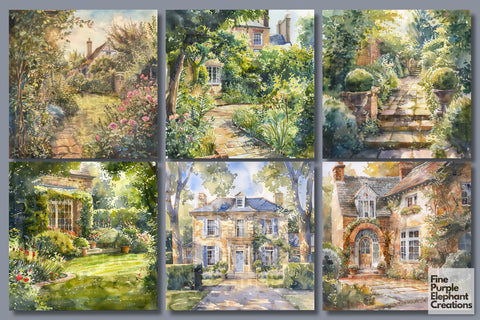 Watercolor Regency Town Digital Paper - Victorian Home Garden Digital Pattern Fine Purple Elephant Creations 