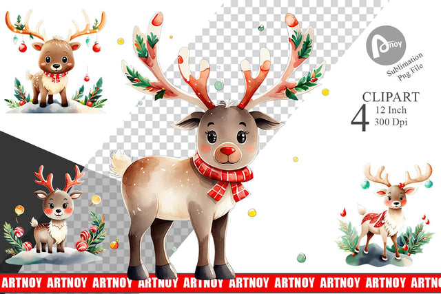 Watercolor Reindeer Christmas Clipart Sublimation artnoy 