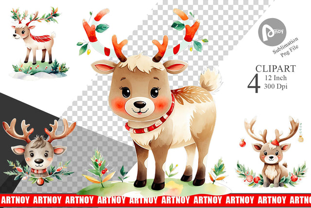 Watercolor Reindeer Christmas Clipart Sublimation artnoy 
